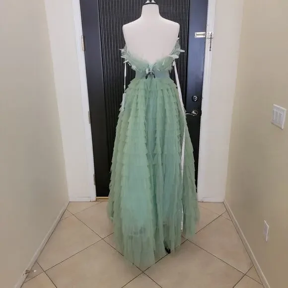 green emerald velvet dress STRAPLESS FEATHER TEA LENGTH SAGE DRESS